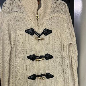 Tory Burch wool genuine leather toggle long cable knit cardigan sweater coat